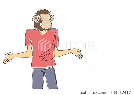 Funny single line drawing of a young man with an animal monkey head mask shrugging his shoulders. This funny comedy concept makes an excellent choice for Monkey Around Day event invitations. Funny single line drawing of a young man with an animal monkey head mask shrugging his shoulders. This funny comedy concept makes an excellent choice for Monkey Around Day event invitations. 139382417