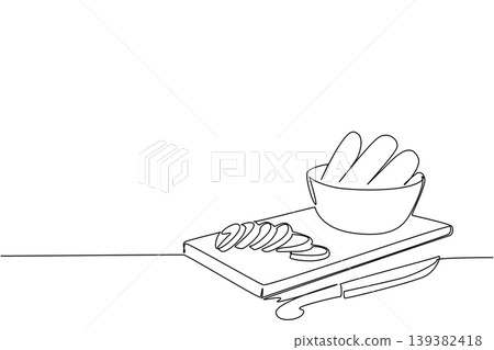 One line drawing of sliced cucumbers on a wooden cutting board with knife beside. This minimalist food concept is an ideal fit for Cucumber Day coloring pages, vegan menus, and recipe channels. 139382418