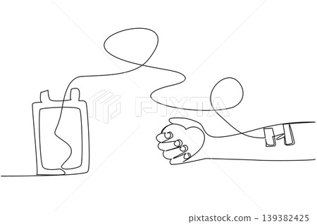 One line drawing of an arm holding a heart connected to a blood bag. This inspiring healthcare concept fits beautifully on World Blood Donor Day social media posts and clinic awareness flyers. One line drawing of an arm holding a heart connected to a blood bag. This inspiring healthcare concept fits beautifully on World Blood Donor Day social media posts and clinic awareness flyers. 139382425