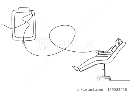 Single line drawing of a young handsome man sitting in a chair donating blood. This charity concept is an excellent choice for World Blood Donor Day campaigns, hospital banners, and volunteer flyers. Single line drawing of a young handsome man sitting in a chair donating blood. This charity concept is an excellent choice for World Blood Donor Day campaigns, hospital banners, and volunteer flyers. 139382426