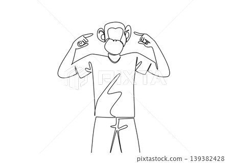 Minimal one line drawing of a handsome young man with a monkey head mask pointing to his ears. This funny animal listening concept is a wonderful addition to Monkey Around Day kids coloring pages. 139382428