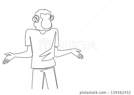 Minimalist continuous line drawing of a young man with a monkey head mask shrugging in confusion. This animal humor concept is extremely suitable for Monkey Around Day funny kids wall decor. 139382432