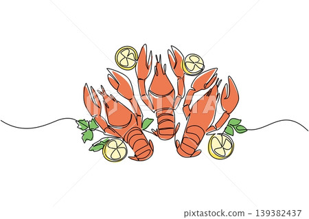 Gorgeous single line drawing of three lobsters arranged with lemon slices and celery. This rich seafood concept is highly ideal for National Lobster Day social media posts and culinary web blogs. Gorgeous single line drawing of three lobsters arranged with lemon slices and celery. This rich seafood concept is highly ideal for National Lobster Day social media posts and culinary web blogs. 139382437