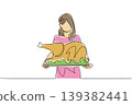 Tinted one line drawing of a beautiful woman serving a huge roasted turkey on giant plate. Great food concept is an excellent choice for National Turkey Lovers Day recipe cards and dining posters. 139382441