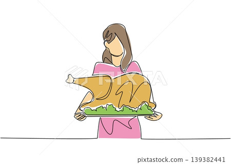 Tinted one line drawing of a beautiful woman serving a huge roasted turkey on giant plate. Great food concept is an excellent choice for National Turkey Lovers Day recipe cards and dining posters. Tinted one line drawing of a beautiful woman serving a huge roasted turkey on giant plate. Great food concept is an excellent choice for National Turkey Lovers Day recipe cards and dining posters. 139382441