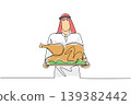 Colored continuous line drawing of an Arabian man holding a giant cooked turkey on big tray. Tasty food concept fits nicely with National Turkey Lovers Day catering banners and restaurant brochures. 139382442