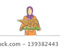 Single line drawing depicts a beautiful Arabian woman in hijab holding big roasted turkey on tray. This food concept is wonderfully suited for National Turkey Lovers Day flyers and dining web blogs. 139382443