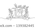 Beautiful single line drawing of a camera with blooming flowers around it as frame. This lovely photography concept is wonderfully suited for Nature Photography Day posters and art exhibitions. 139382445
