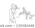 Single line drawing shows a handsome young man photographing a parrot in public garden. This impressive animal concept is brilliantly suited for Nature Photography Day articles and wildlife posters. 139382448