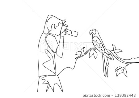 Single line drawing shows a handsome young man photographing a parrot in public garden. This impressive animal concept is brilliantly suited for Nature Photography Day articles and wildlife posters. 139382448