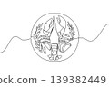 Minimalist continuous line drawing of delicious lobster on round plate, overhead view. This elegant marine concept perfectly suits National Lobster Day dining menus, recipe books, and restaurant ads. 139382449
