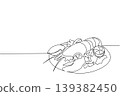 Simple single line drawing of a tasty lobster served on a plate with lemon and celery. This seafood concept is a wonderful fit for National Lobster Day art prints, culinary blogs, and dining banners. 139382450