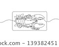 Gorgeous one line drawing of a huge lobster on a serving board, top view. This minimal food concept represents an excellent choice for National Lobster Day social media campaigns and restaurant sign 139382451