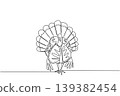 Minimal one line drawing of a wild turkey bird walking on farm soil. This elegant animal concept is an absolutely fantastic option for National Turkey Lovers Day coloring pages and farm art prints. 139382454