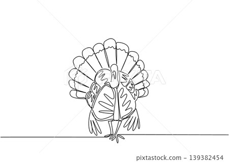 Minimal one line drawing of a wild turkey bird walking on farm soil. This elegant animal concept is an absolutely fantastic option for National Turkey Lovers Day coloring pages and farm art prints. Minimal one line drawing of a wild turkey bird walking on farm soil. This elegant animal concept is an absolutely fantastic option for National Turkey Lovers Day coloring pages and farm art prints. 139382454