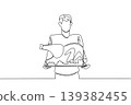 Continuous line drawing of a handsome young man presenting a huge roasted turkey on big tray. This simple food concept is extremely ideal for National Turkey Lovers Day cooking guides and recipe ads. 139382455