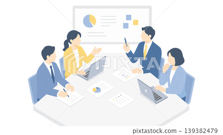 A business-related isometric illustration of a group of men and women giving a presentation in front of a whiteboard. 139382479