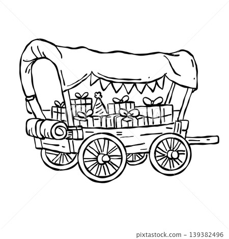 Western covered wagon with gifts clipart cowboy birthday party illustration rustic wild west cart with presents doodle country celebration line art Western covered wagon with gifts clipart cowboy birthday party illustration rustic wild west cart with presents doodle country celebration line art 139382496
