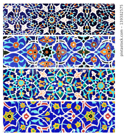 Set of horizontal or vertical banners with detail of ancient mosaic walls with floral and geometric ornaments. Collection of background with traditional islamic tile decoration. Tile decor on old wall Set of horizontal or vertical banners with detail of ancient mosaic walls with floral and geometric ornaments. Collection of background with traditional islamic tile decoration. Tile decor on old wall 139382575
