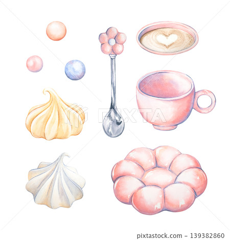 A watercolor set of a pink mug, saucer, and teaspoon. Cappuccino with meringue and candies for breakfast. Isolated hand-drawn elements for a coffee break. Pastel-colored tea and coffee utensils. A watercolor set of a pink mug, saucer, and teaspoon. Cappuccino with meringue and candies for breakfast. Isolated hand-drawn elements for a coffee break. Pastel-colored tea and coffee utensils. 139382860