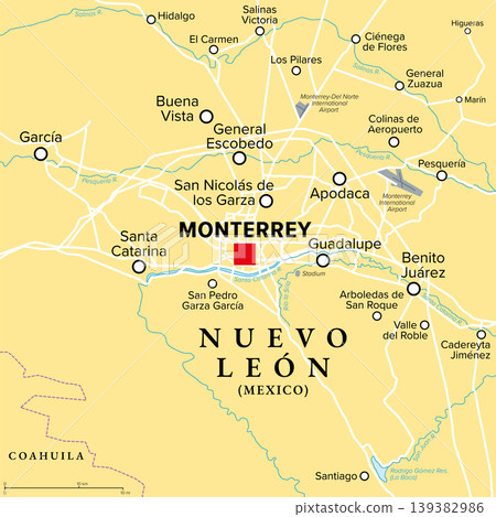 Monterrey metropolitan area, Mexico, political map. Greater Monterrey, a conurbation in the northeastern Mexican state of Nuevo Leon, and a major industrial, economic, and financial hub. Vector 139382986