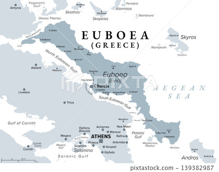 Euboea, Greek island, gray political map with capital Chalcis. Also known as Evia, second-largest island of Greece, separated from the mainland by the narrow Euripus Strait and Euboean Gulf. Vector Euboea, Greek island, gray political map with capital Chalcis. Also known as Evia, second-largest island of Greece, separated from the mainland by the narrow Euripus Strait and Euboean Gulf. Vector 139382987
