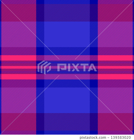 Mosaic check fabric texture, tee textile seamless vector. Multicolored tartan background pattern plaid in pink and indigo colors. Mosaic check fabric texture, tee textile seamless vector. Multicolored tartan background pattern plaid in pink and indigo colors. 139383020