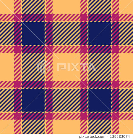 Flowing texture tartan textile, network plaid vector pattern. Give check fabric background seamless in orange and blue colors. Flowing texture tartan textile, network plaid vector pattern. Give check fabric background seamless in orange and blue colors. 139383074