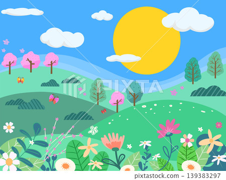 春日風景畫,陽光、雲朵、樹木和花朵。 春日風景畫,陽光、雲朵、樹木和花朵。 139383297