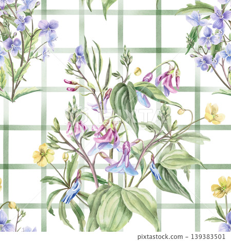 A watercolor seamless pattern with delicate lilac and yellow flowers on a green checkered background. The illustration is suitable for floral design, textiles, home decor, and children's products. 139383501
