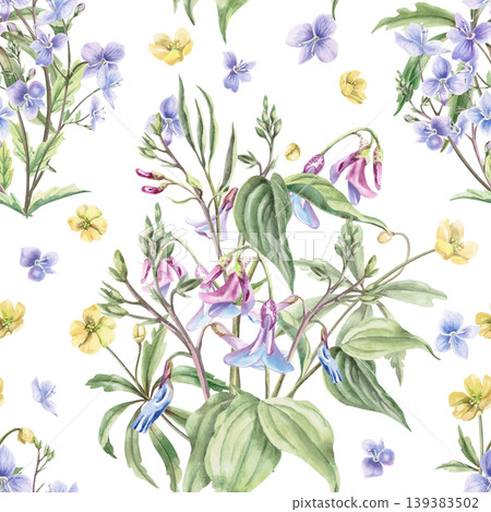 A watercolor seamless pattern with delicate lilac and yellow flowers. This illustration is perfect for floral, textile, home, and children's design. 139383502