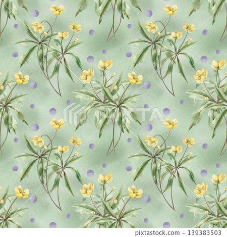 Watercolor pattern with yellow flowers, complemented by purple circles on a pastel green background. The illustration is suitable for design in the field of fashion, children's goods, weddings, Watercolor pattern with yellow flowers, complemented by purple circles on a pastel green background. The illustration is suitable for design in the field of fashion, children's goods, weddings, 139383503