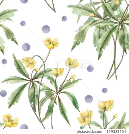 A delicate watercolor pattern with yellow forest flowers, complemented by purple circles. The illustration is suitable for design in the fields of fashion, children's goods, weddings, and botany. A delicate watercolor pattern with yellow forest flowers, complemented by purple circles. The illustration is suitable for design in the fields of fashion, children's goods, weddings, and botany. 139383504