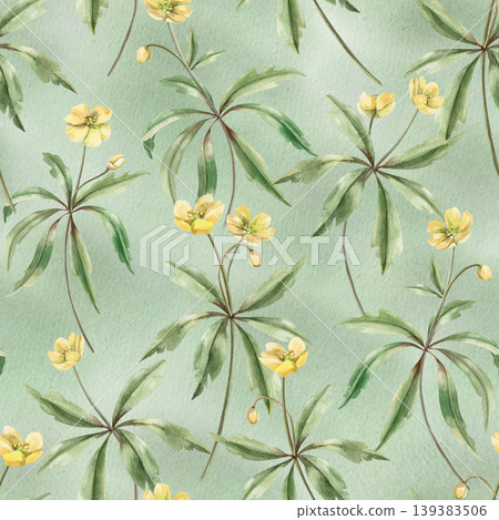 A delicate watercolor pattern with yellow forest flowers on a pastel green background. The illustration is suitable for design in the fields of fashion, children's products, weddings, and botany. A delicate watercolor pattern with yellow forest flowers on a pastel green background. The illustration is suitable for design in the fields of fashion, children's products, weddings, and botany. 139383506