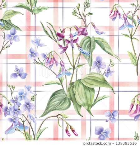 A delicate watercolor pattern with forest flowers on a pink checkered background. Creates a light, airy mood. Suitable for children's products, holiday decor, packaging, and interior design. A delicate watercolor pattern with forest flowers on a pink checkered background. Creates a light, airy mood. Suitable for children's products, holiday decor, packaging, and interior design. 139383510