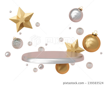 A 3D rendered podium with a glossy surface is displayed against a clear background. Golden stars and shiny ornaments surround the podium, creating a festive setting for Christmas A 3D rendered podium with a glossy surface is displayed against a clear background. Golden stars and shiny ornaments surround the podium, creating a festive setting for Christmas 139383524
