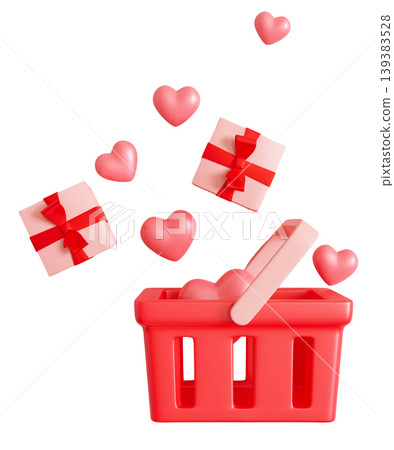 A red basket filled with heart-shaped items and gift boxes floats above a clear background. This scene represents the spirit of Valentine shopping and gift-giving during the holiday A red basket filled with heart-shaped items and gift boxes floats above a clear background. This scene represents the spirit of Valentine shopping and gift-giving during the holiday 139383528