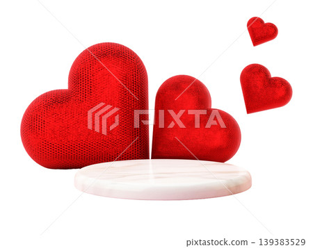 This cut out features a podium designed for Valentine's Day. It shows three red hearts placed around a flat surface. The hearts vary in size and create a festive look for decorations This cut out features a podium designed for Valentine's Day. It shows three red hearts placed around a flat surface. The hearts vary in size and create a festive look for decorations 139383529