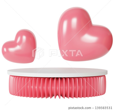 A 3D render shows a podium with a round base in pink color. Two hearts float above the podium. This design fits various romantic themes and events for Valentine's Day A 3D render shows a podium with a round base in pink color. Two hearts float above the podium. This design fits various romantic themes and events for Valentine's Day 139383531