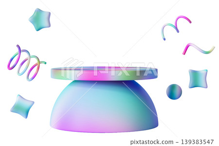A 3D rendered podium in rainbow colors sits on a clear background. Abstract shapes surround the podium, creating a playful scene suitable for product showcases and advertisements A 3D rendered podium in rainbow colors sits on a clear background. Abstract shapes surround the podium, creating a playful scene suitable for product showcases and advertisements 139383547