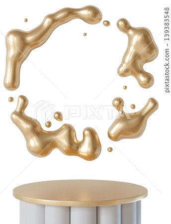 Golden liquid forms floating shapes above a round podium in an empty space. Droplets surround the liquid, capturing attention with their design. This 3D render displays isolated creativity Golden liquid forms floating shapes above a round podium in an empty space. Droplets surround the liquid, capturing attention with their design. This 3D render displays isolated creativity 139383548
