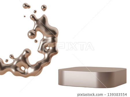 A product podium stands on a clear background. Liquid splashes around the podium, enhancing the visual appeal. This 3D render emphasizes sleek design and dynamic movement A product podium stands on a clear background. Liquid splashes around the podium, enhancing the visual appeal. This 3D render emphasizes sleek design and dynamic movement 139383554