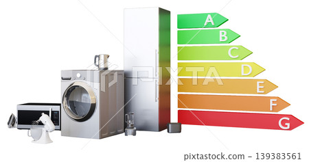 Different household appliances like a washing machine, refrigerator, and microwave. Energy efficiency ratings are displayed in colored arrows from A to G Different household appliances like a washing machine, refrigerator, and microwave. Energy efficiency ratings are displayed in colored arrows from A to G 139383561
