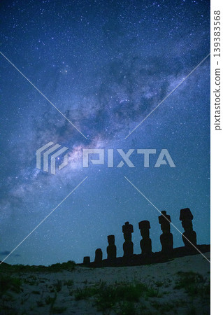 Serene silhouette of moai statue under night sky in easter island chile Serene silhouette of moai statue under night sky in easter island chile 139383568