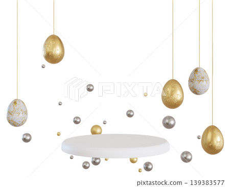 A podium is present with hanging eggs in gold and white colors. Decorative spheres float around the podium. The setting is clear, showing a festive Easter theme A podium is present with hanging eggs in gold and white colors. Decorative spheres float around the podium. The setting is clear, showing a festive Easter theme 139383577