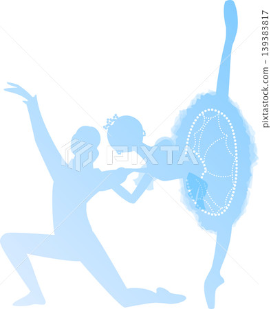 芭蕾舞雙人舞：兩位芭蕾舞女演員的淺藍色剪影，翩翩起舞。 139383817
