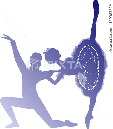 Ballet Pas de Deux: Two ballerinas dancing in a navy blue gradient. Ballet Pas de Deux: Two ballerinas dancing in a navy blue gradient. 139383819