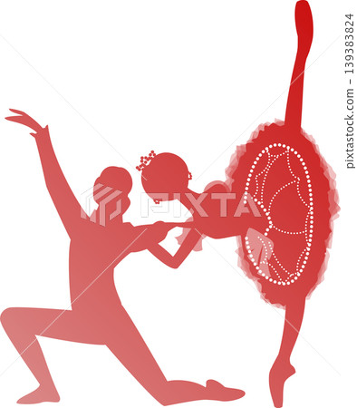 Ballet: Red silhouettes of two ballerinas dancing a pas de deux. Ballet: Red silhouettes of two ballerinas dancing a pas de deux. 139383824