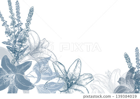 Lily flower border blue monochrome vector drawing on white. Botanical illustration for wedding invitation or Easter card. Floral graphic sketch card design christening or Communion with copy space. 139384019