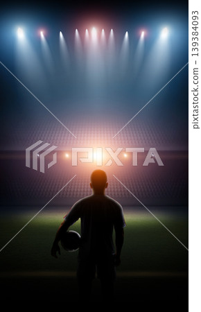 Soccer Player Standing in Stadium with Bright Lights Soccer Player Standing in Stadium with Bright Lights 139384093